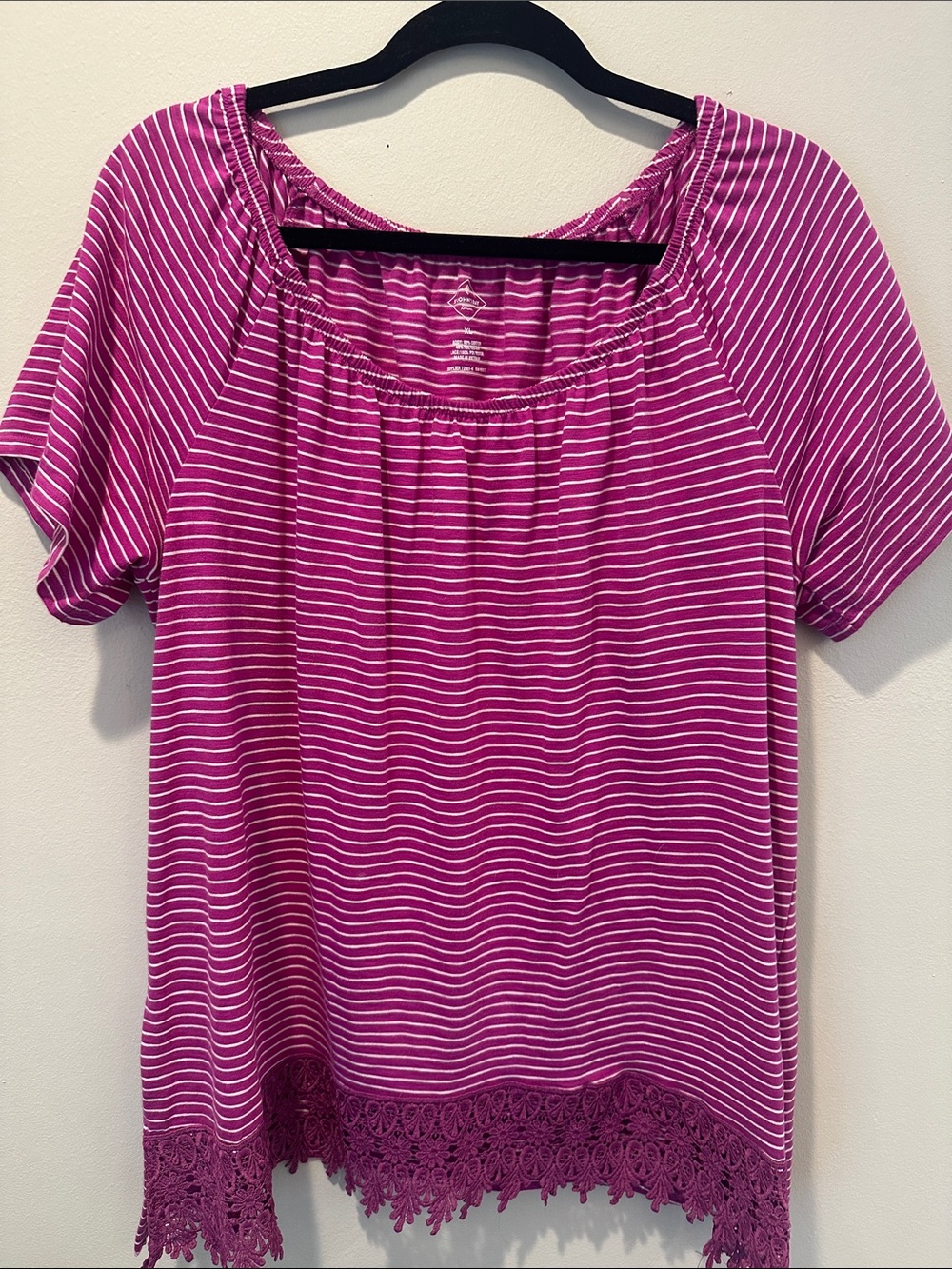 St. John's Bay Pink Striped Crochet-Hem Long Sleeve Top